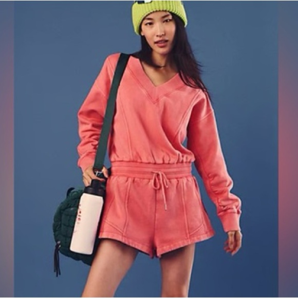 Women’s Coral V-Neck Sweatshirt & Drawstring Short Set